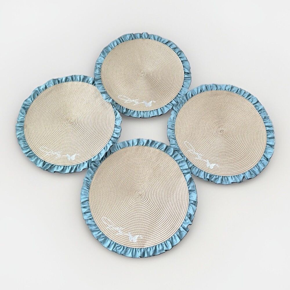Dolly Parton Round Braided Placemats Set of 4 Woven Straw Blue Ruffle Butterfly